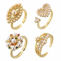 Brass Cuff Finger Ring with Plastic Pearl 18K gold plated & micro pave cubic zirconia & for woman nickel lead & cadmium free Sold By PC