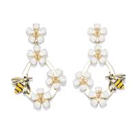 Tibetan Style Drop Earrings, Flower, gold color plated, fashion jewelry & for woman & enamel, white, nickel, lead & cadmium free, 43x85mm, Sold By Pair