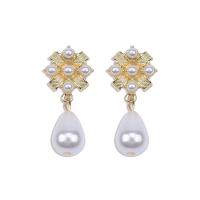 Tibetan Style Drop Earrings, with Plastic Pearl, Flower, gold color plated, fashion jewelry & for woman, white, nickel, lead & cadmium free, 16x40mm, Sold By Pair