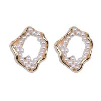 Zinc Alloy Stud Earring with Plastic Pearl irregular gold color plated fashion jewelry & for woman & hollow nickel lead & cadmium free Sold By Pair