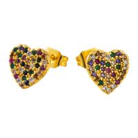 Boucles d'oreilles en laiton zircon cubique pavent, coeur, Placage de couleur d'or, pavé de micro zircon & pour femme, multicolore, 10x9mm, Vendu par paire