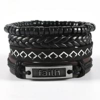 PU Leather Cord Bracelets, with Cowhide & Wood & Tibetan Style, 4 pieces & fashion jewelry & Unisex, black, Length:Approx 17-18 cm, Sold By Set