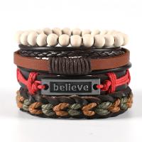 PU Leather Cord Bracelets, with Cowhide & Wood & Tibetan Style, 4 pieces & fashion jewelry & Unisex, Length:Approx 17-18 cm, Sold By Set