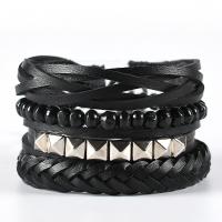 PU Leather Cord Bracelets, with Cowhide & Wood & Tibetan Style, 4 pieces & fashion jewelry & Unisex, black, Length:Approx 17-18 cm, Sold By Set
