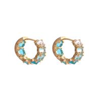 Brass Huggie Hoop Earring gold color plated for woman & with rhinestone acid blue nickel lead & cadmium free 22mm Sold By Pair
