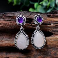 Natural Gemstone Earrings Zinc Alloy with Amethyst & Rose Quartz Teardrop antique silver color plated for woman pink nickel lead & cadmium free Sold By Pair