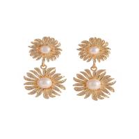 Brass Drop Earring, with Plastic Pearl, Flower, gold color plated, for woman, golden, nickel, lead & cadmium free, 20x30mm, Sold By Pair