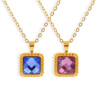 Stainless Steel Jewelry Necklace 304 Stainless Steel with 1.97 extender chain Square Vacuum Ion Plating for woman & with cubic zirconia 12mm Length 17.72 Inch Sold By PC