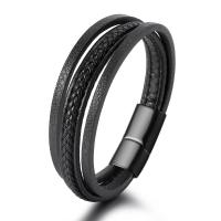PU Leather Cord Bracelets, with Tibetan Style, plumbum black color plated, fashion jewelry & multilayer & for man, black, Length:21 cm, Sold By PC
