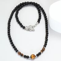 Natural Gemstone Necklace, Black Stone, with Lapis Lazuli & Lava & Tiger Eye & 304 Stainless Steel, Round, Unisex, more colors for choice, 6mm, Length:Approx 55 cm, Sold By PC