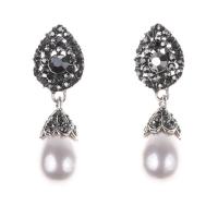 Rhinestone Earring, Tibetan Style, with Plastic Pearl, Teardrop, silver color plated, fashion jewelry & for woman & with rhinestone, nickel, lead & cadmium free, 13x45mm, Sold By Pair