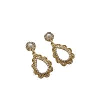 Cubic Zirconia Micro Pave Brass Earring, with Plastic Pearl, Teardrop, gold color plated, fashion jewelry & micro pave cubic zirconia & for woman, golden, nickel, lead & cadmium free, 16.60x74.50mm, Sold By Pair