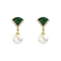 Cubic Zirconia Micro Pave Brass Earring with Malachite & Plastic Pearl Round gold color plated fashion jewelry & micro pave cubic zirconia & for woman nickel lead & cadmium free Sold By Pair
