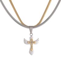 Multi Layer Necklace Titanium Steel with 1.97inch extender chain Angel Wing Cross Vacuum Ion Plating Double Layer & Unisex & with rhinestone 28mm Length Approx 19.7 Inch Sold By PC