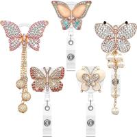Zinc Alloy Badge Holder with Plastic & Plastic Pearl Butterfly gold color plated Unisex & retractable & with rhinestone Sold By PC