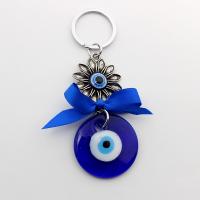 Bag Purse Charms Keyrings Keychains Zinc Alloy with Lampwork Flower antique silver color plated Unisex & evil eye pattern 115mm Sold By PC