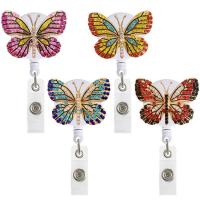 ABS Plastic Badge Holder with Zinc Alloy Butterfly gold color plated Unisex & retractable & with rhinestone Sold By PC
