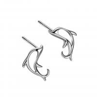 925 Sterling Silver Stud Earrings, Dolphin, platinum color plated, for woman & hollow, 6x9mm, Sold By Pair