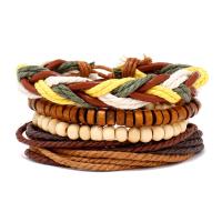 Bracelets cordon PU, cuir de peau de vache, avec cuir PU & corde de cire & bois, 4 pièces & Réglable & bijoux de mode & unisexe, multicolore, 180mm, Vendu par fixé