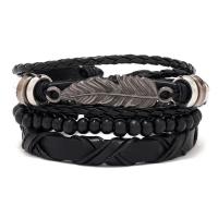 PU Leather Cord Bracelets, Cowhide, with PU Leather & Wood & Tibetan Style, Adjustable & three pieces & fashion jewelry & Unisex, black, 180mm, Sold By Set