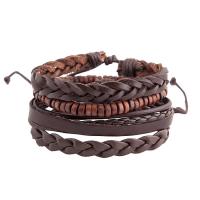 PU Leather Cord Bracelets Cowhide with PU Leather & Wood knit 4 pieces & Adjustable & fashion jewelry & Unisex brown 180mm Sold By Set