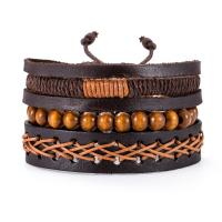PU Leather Cord Bracelets Split Layer Cowhide Leather with PU Leather & Wood knit Adjustable & three pieces & fashion jewelry & Unisex brown 180mm Sold By Set