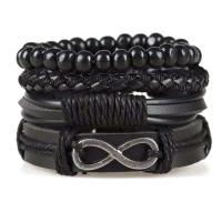 Wrap Bracelet Cowhide with PU Leather & Wood & Zinc Alloy knit Adjustable & three pieces & fashion jewelry & Unisex black 180mm Sold By Set