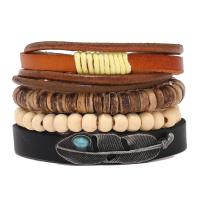 Wrap Bracelet, Cowhide, with turquoise & Wood & Tibetan Style, knit, 4 pieces & Adjustable & fashion jewelry & Unisex, multi-colored, 180mm, Sold By Set