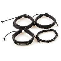PU Leather Cord Bracelets Cowhide with PU Leather & Wood & Zinc Alloy knit 4 pieces & Adjustable & fashion jewelry & Unisex black 180mm Sold By Set