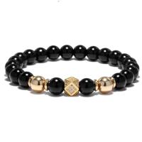 Obsidian Bracelet with Brass Round plated & for man & with rhinestone Length 7.5 Inch Sold By PC
