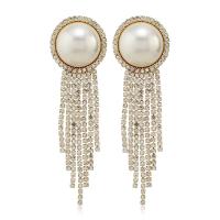 Fashion Fringe Earrings Brass with Plastic Pearl gold color plated & for woman & with rhinestone golden nickel lead & cadmium free Sold By Pair