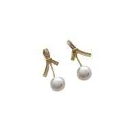 Cubic Zirconia Micro Pave Brass Earring with Plastic Pearl Bowknot gold color plated fashion jewelry & micro pave cubic zirconia & for woman golden nickel lead & cadmium free Sold By Pair