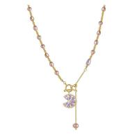 Freshwater Pearl Brass Necklace with Brass with 5cm extender chain Flower gold color plated fashion jewelry & adjustable & micro pave cubic zirconia & for woman Length 45.6 cm Sold By PC
