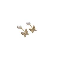 Cubic Zirconia Micro Pave Brass Earring, with Plastic Pearl, Butterfly, gold color plated, fashion jewelry & micro pave cubic zirconia & for woman, nickel, lead & cadmium free, 12.90x11.90mm, Sold By Pair