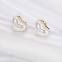 Titanium Staal Earring, met Plastic Pearl, Hart, gold plated, voor vrouw, goud, 19x15mm, Verkocht door pair