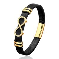 PU Leather Cord Bracelets, with 304 Stainless Steel, Vacuum Plating, different styles for choice & micro pave cubic zirconia & for man, more colors for choice, Length:Approx 8.26 Inch, Sold By PC