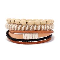 PU Leather Cord Bracelets with Linen & Cowhide & Wax Cord & Wood three pieces & fashion jewelry & Unisex Length Approx 17-18 cm Sold By Set