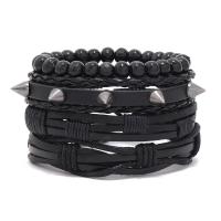 PU Leather Cord Bracelets with Cowhide & Wax Cord & Wood & Zinc Alloy 4 pieces & fashion jewelry & Unisex black Length Approx 17-18 cm Sold By Set