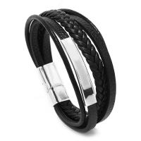 PU Leather Cord Bracelets, with Cowhide & 304 Stainless Steel & Tibetan Style, fashion jewelry & different length for choice & Unisex, black, 14mm, Sold By PC