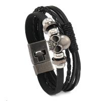 PU Leather Cord Bracelets with Cowhide & Wax Cord & Copper Coated Plastic & Zinc Alloy handmade fashion jewelry & multilayer & Unisex black 20mm Length Approx 8.46 Inch Sold By PC