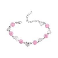 European Bracelet, Tibetan Style, with Plastic Pearl, Heart, silver color plated, for woman, pink, nickel, lead & cadmium free, 19mm, Length:Approx 19-24.5 cm, Sold By PC