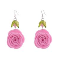 Fluffy Pom Pom Earrings Cloth with Glass Beads & Resin Rose for woman pink Sold By Pair