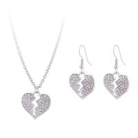 Tibetan Style Jewelry Sets, earring & necklace, with Rhinestone, Heart, silver color plated, for woman, nickel, lead & cadmium free, 19x36mm, Length:Approx 41.5-48 cm, Sold By Set