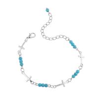Tibetan Style Bracelet, with Seedbead, Cross, silver color plated, for woman, blue, nickel, lead & cadmium free, Length:Approx 18.5-25.5 cm, Sold By PC