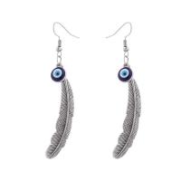 Evil Eye Earrings, Tibetan Style, Feather, silver color plated, for woman & enamel, blue, nickel, lead & cadmium free, 11x78mm, Sold By Pair