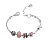 European Bracelet, Tibetan Style, with Crystal & Brass, silver color plated, for woman & enamel & with rhinestone, pink, nickel, lead & cadmium free, Length:Approx 19-24.5 cm, Sold By PC