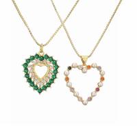 Cubic Zircon Micro Pave Brass Necklace with Plastic Pearl with 1.97 extender chain Heart gold color plated & micro pave cubic zirconia & for woman mixed colors nickel lead & cadmium free Length 15.75 Inch Sold By PC