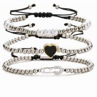 Cubic Zirconia Micro Pave Brass Bracelet, with Polyester Cord & Plastic Pearl, plated, different packing style for choice & adjustable & different styles for choice & micro pave cubic zirconia & for woman & enamel, silver color, nickel, lead & cadmium free, Length:16-21 cm, Sold By PC