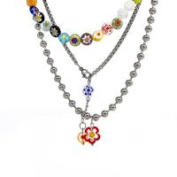 Multi Layer Necklace, Titanium Steel, with Millefiori Lampwork, with 5cm extender chain, Flower, polished, three layers & fashion jewelry & for woman, more colors for choice, Length:40 cm, 36 cm, 43 cm, Sold By PC