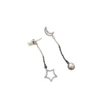 Cubic Zirconia Micro Pave Brass Earring with Plastic Pearl Moon and Star silver color plated fashion jewelry & micro pave cubic zirconia & for woman silver color nickel lead & cadmium free 54mm 60mm Sold By Pair